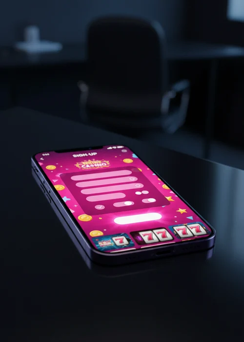 Robot Casino registration form with robot-themed elements, showing email and password fields for new player signup